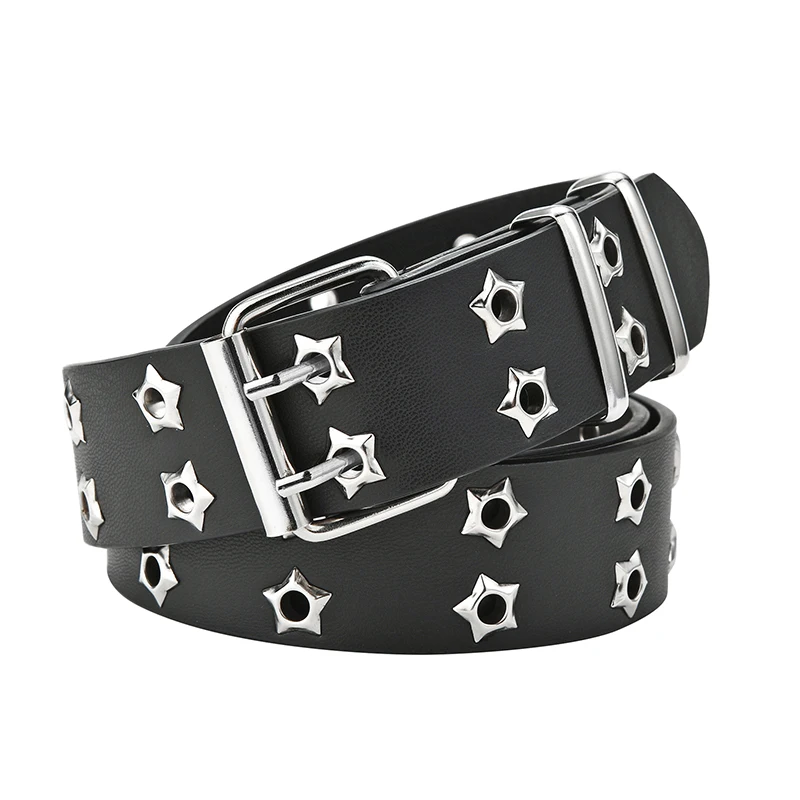 Star Eye Rivet Belt Goth Style Double Pin Buckle Man/woman Fashion Casual Puck Style Pu Leather Waistband Jeans y2k accessories