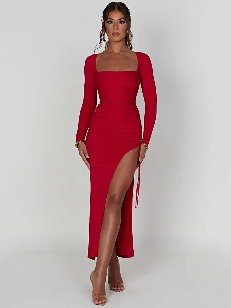 Sexy Bodycon High Split Drawstring Dress Women Long Sleeve Tight Evening Dress Party Female Elegant Maxi Dress AutumnNew