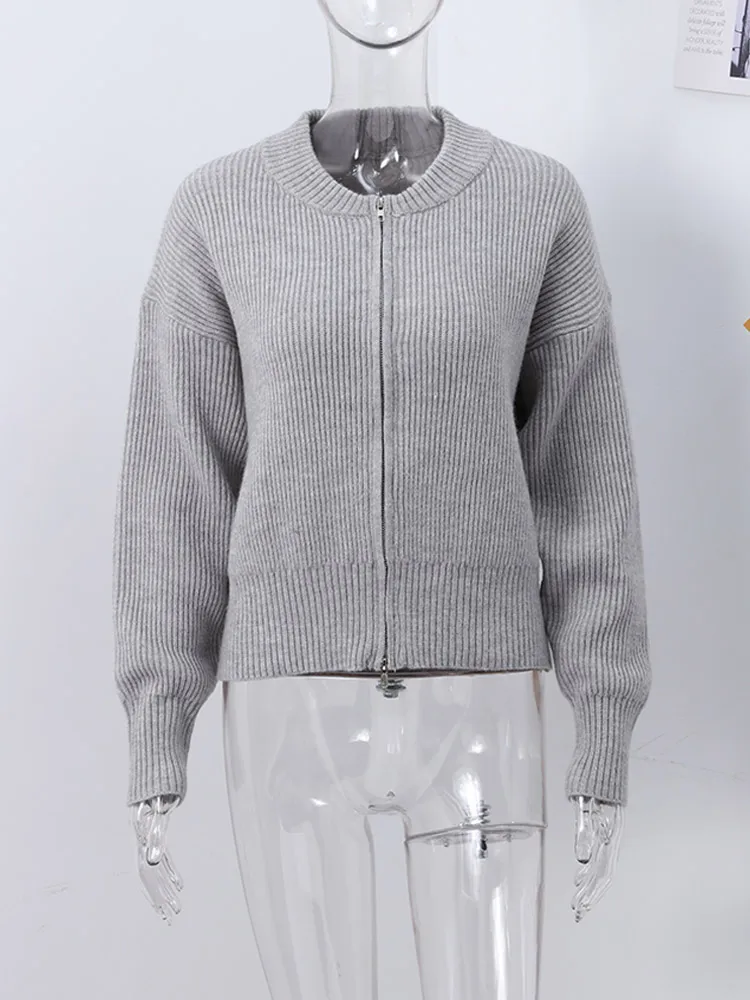 Fashion Solid Knitted Cardigan For Women Elegant O-neck Long Sleeve Zipper Female Sweater 2024 Autumn Winter Lady Chic Knitwear 6