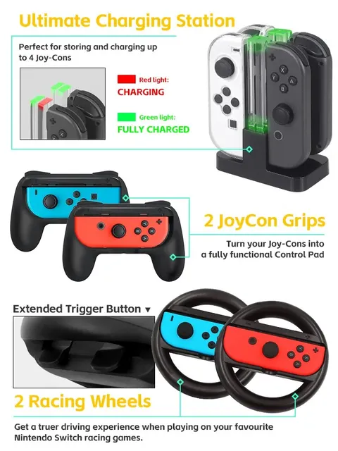 Orzly Accessory Bundle Kit Designed for Nintendo Switch Accessories Geeks  and OLED Console Users Case and Screen Protector, Joycon Grips and Wheels