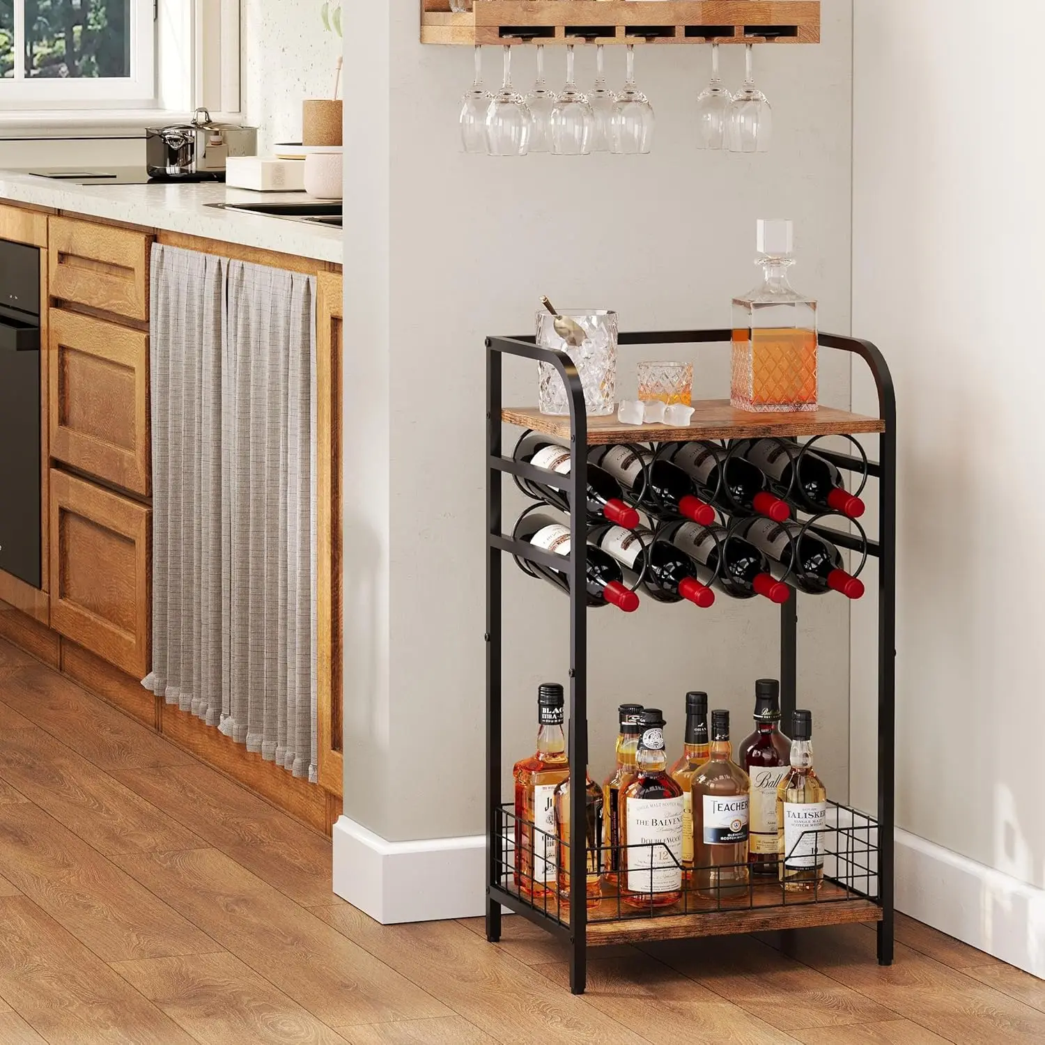 3-Tier Wine Bar Table with 8-Bottle Rack, Mini Cabinet for Whiskey Display and Home Storage
