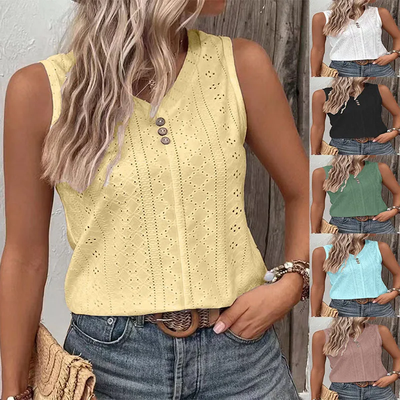 

Solid Color New Women's Clothing 2023 Summer Casual Round Neck Button Up Vest Fashion Sleeveless Comfortable T-Shirt Loose Top