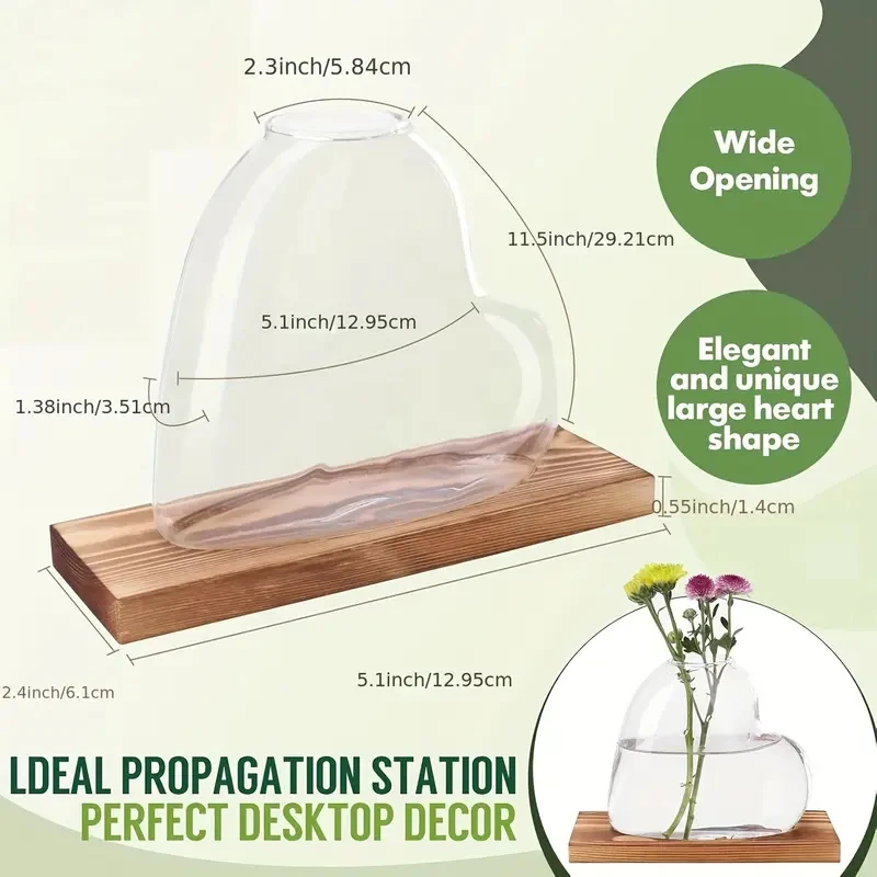 Nordic Style Glass Vase With Wooden Stand Transparent Heart Shape Flower Arrangement Vase Hydroponic Plants Container Home Decor 2