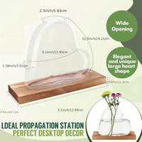 Nordic Style Glass Vase With Wooden Stand Transparent Heart Shape Flower Arrangement Vase Hydroponic Plants Container Home Decor 2