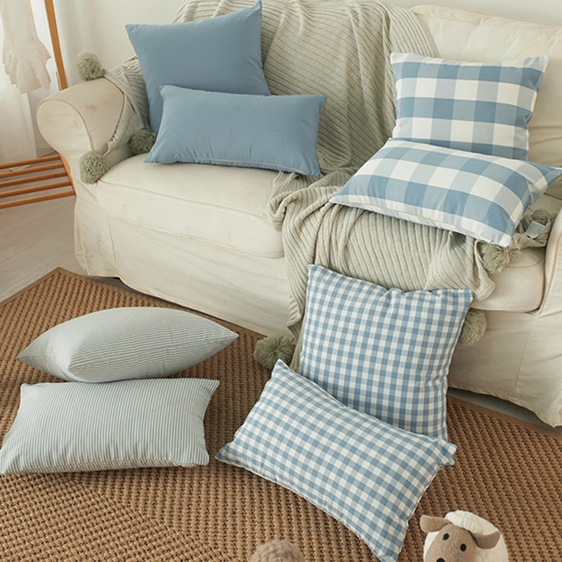 

1pc Blue Plaid Linen Cushion Cover Decorative Pillow Covers Black White Cotton Plaid Pillowcase Living Room Decor 45x45/30*50cm