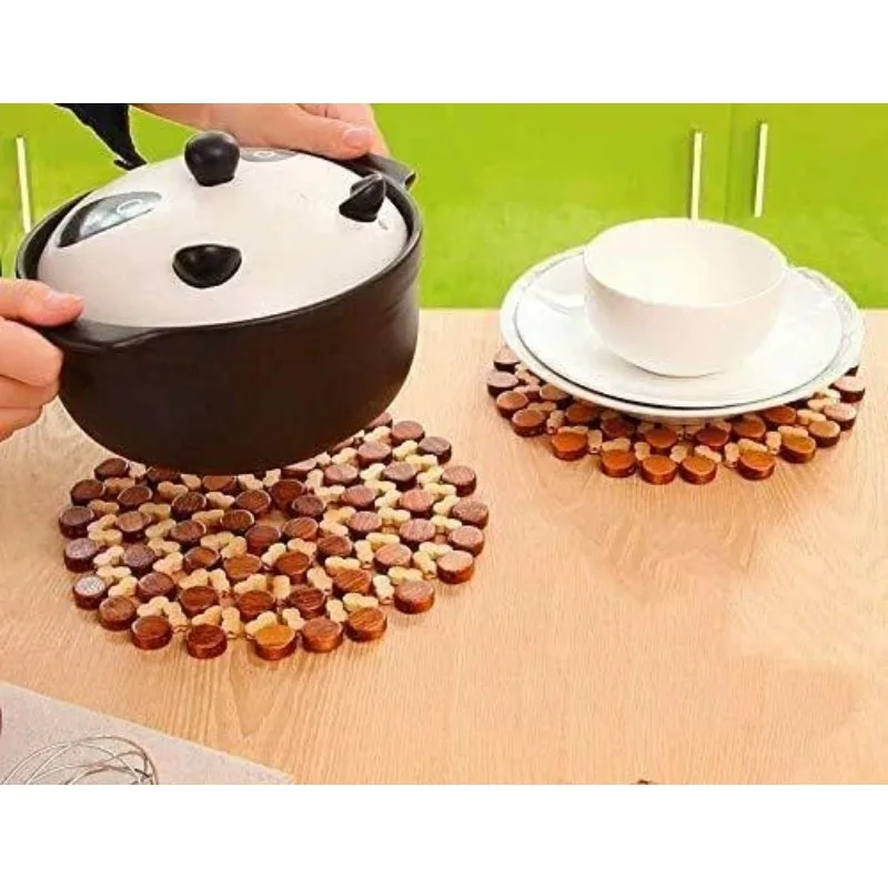 Bamboo Heat Insulation Coasters and Pot Holders with Hollow Design Non-Slip Placemats for Dining Table Wooden Kitchen Decor