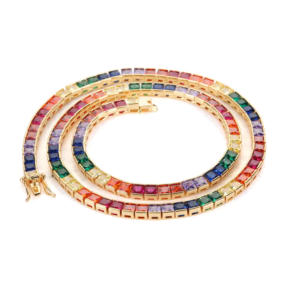 Custom Rainbow Colorful Rectangle CZ Diamond Tennis Chain Iced Out Bling Cubic Zircon Choker Jewelry Gold Color Plated for Women