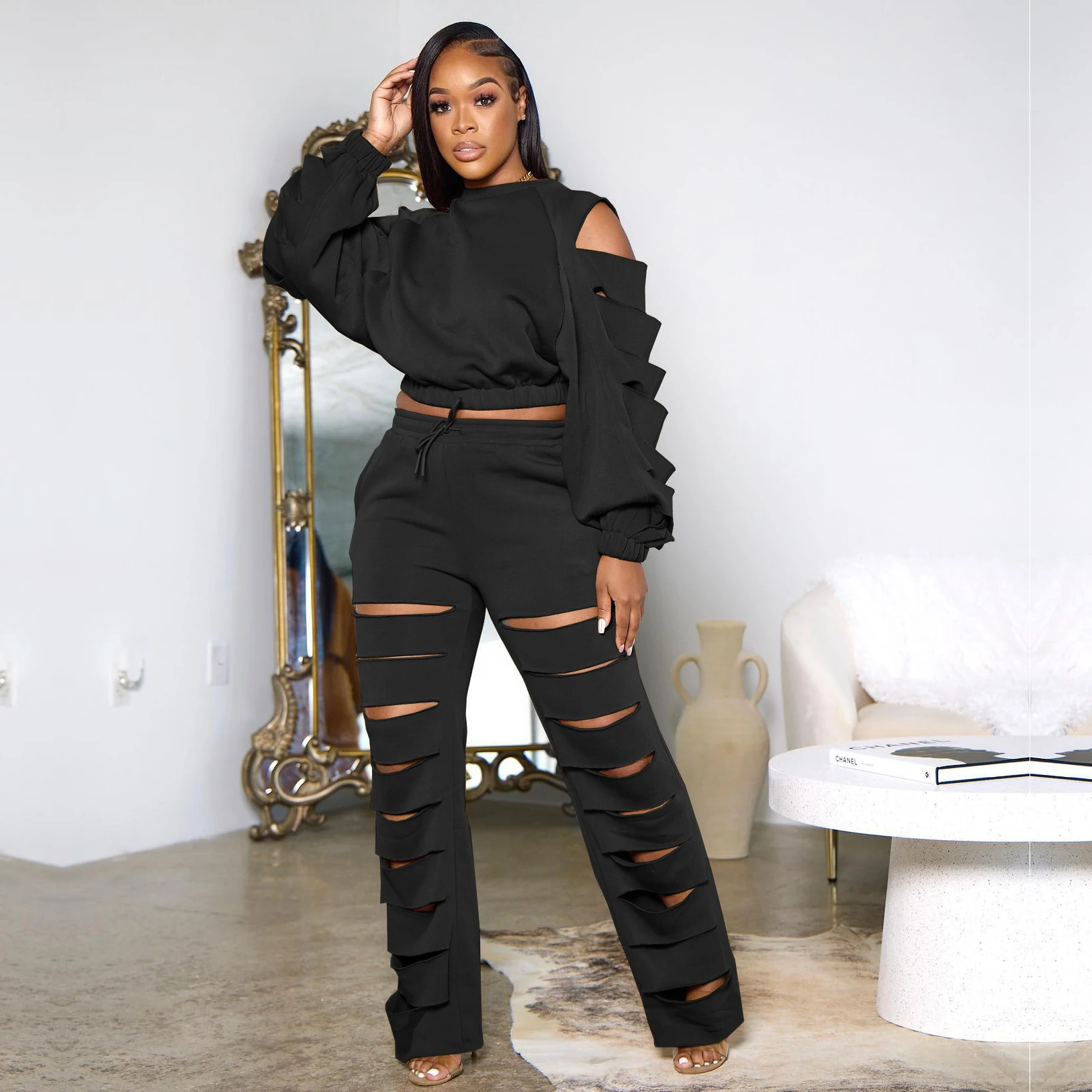 Fleece Tracksuit Two Piece Pant Set Elegant Winter Fall 2 Pieces Sets 2022 Women Luxury Outfit Hollow Out Top Sweatsuit Joggers