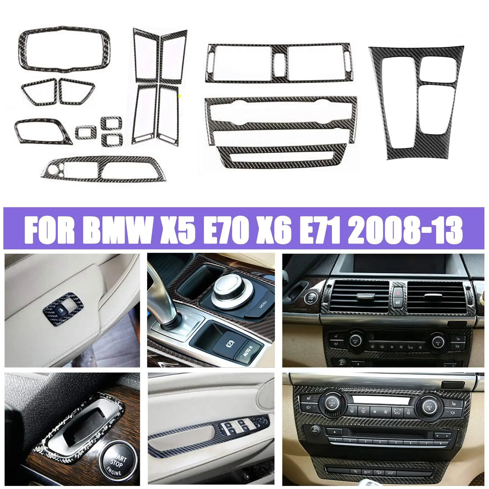 

16Pcs Carbon Fiber Full Interior Trim Cover Trim For BMW X5 E70 X6 E71 2008-2013