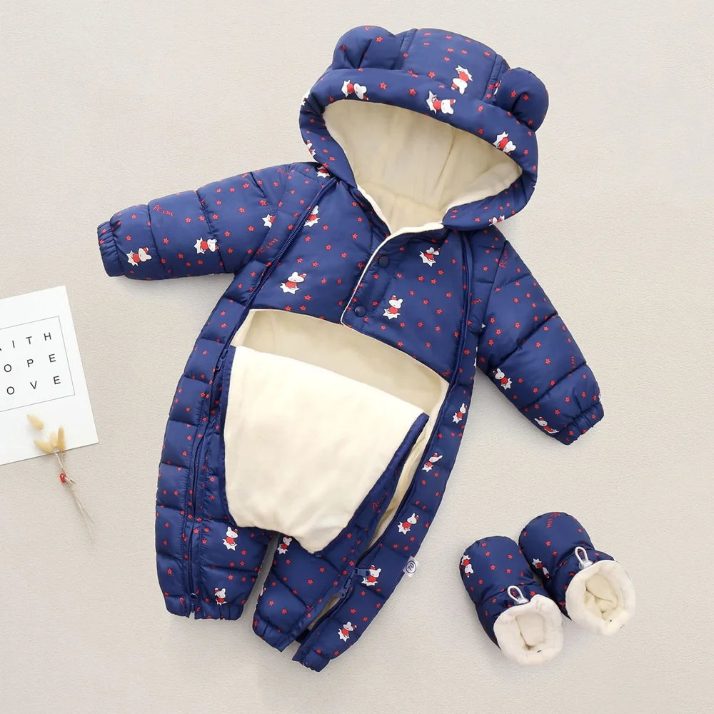 New born Baby Winter Hooded Plus Velvet Jumpsuit Boy Toddler SnowSuit Girl Cotton Overalls Rompers Flannel