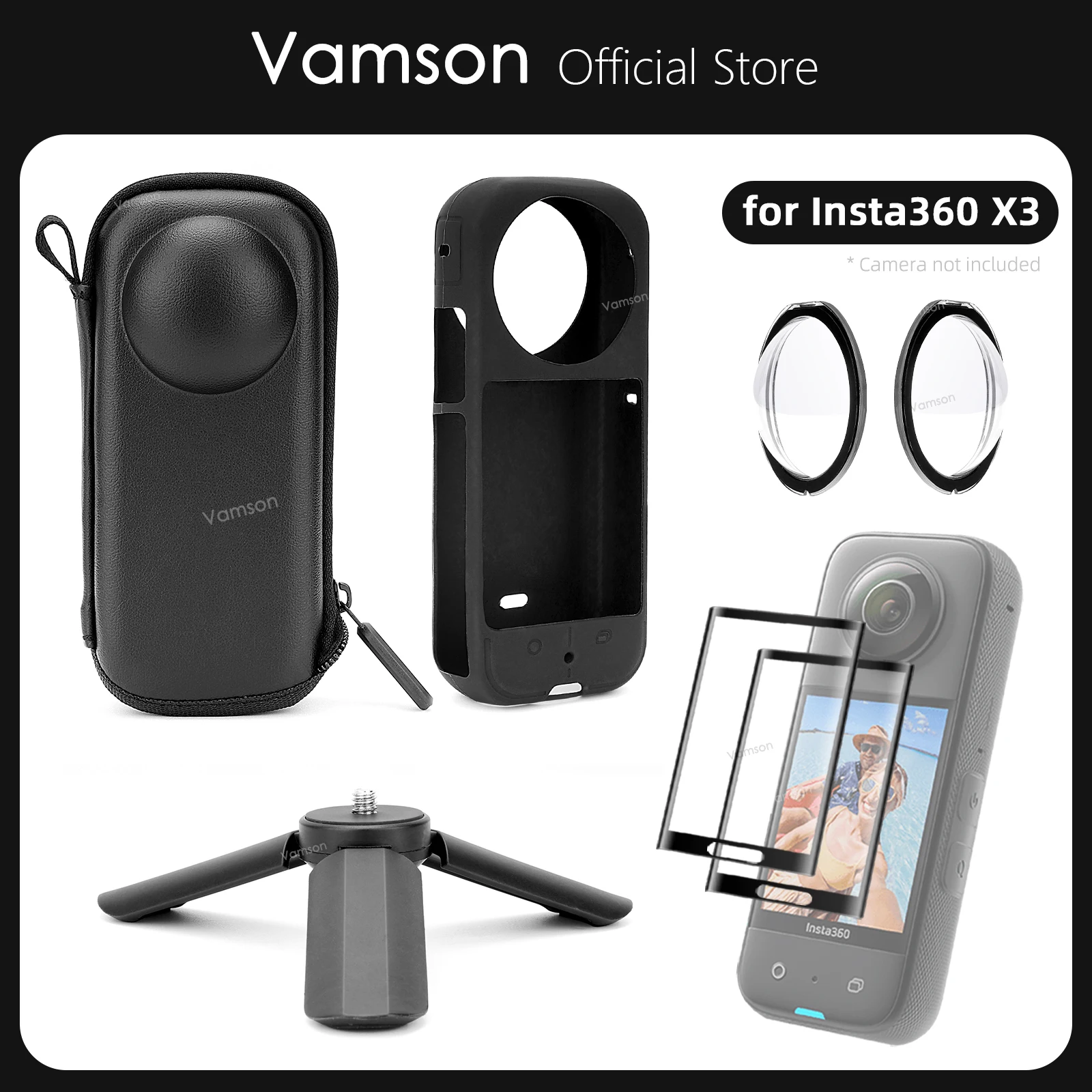 

Набор аксессуаров Vamson для Insta360 X3, Полуоткрытая жесткая оболочка, клейкая Защита объектива, защитная крышка, штатив для Insta360, аксессуары