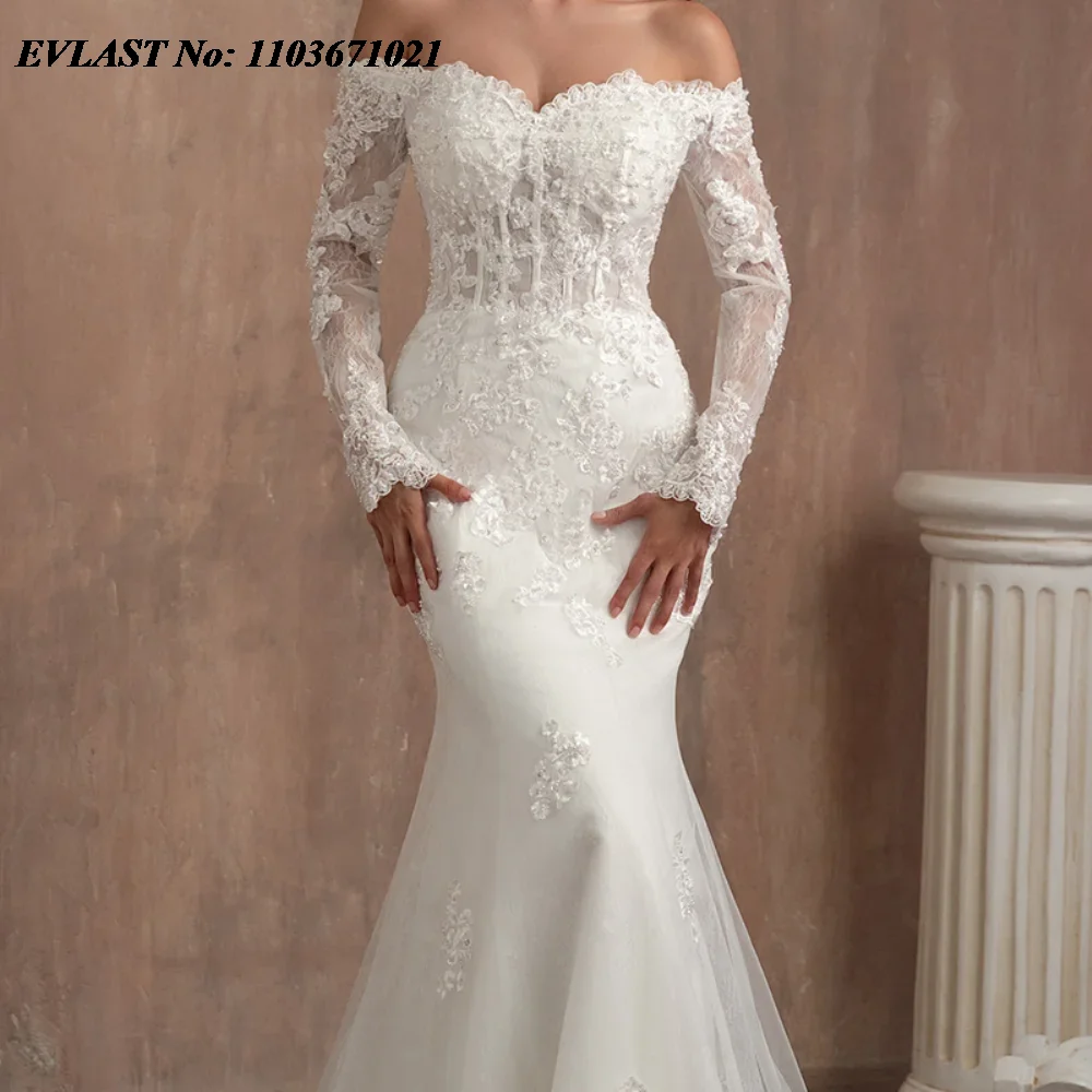 EVLAST Customized 2025 Mermaid Wedding Dress Off Shoulder Lace Applique Beading Vestido De Novia Bridal Gown Robe De Mariee MD05 5