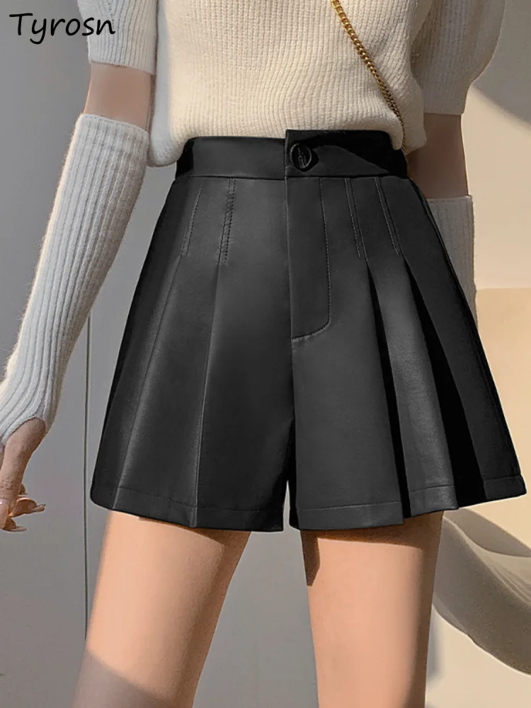 

Shorts Women PU Daily Elegant Students All-match Slim Trendy Vintage Solid Autumn Designer Korean Style Soft High Waist Casual