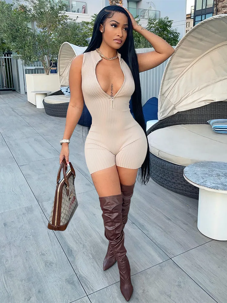 

Sexy Women Sporty Zipper Sleeveless Rompers Playsuits Ribbed Knitted All In One Jumpsuit Women Shorts Summer Clothes