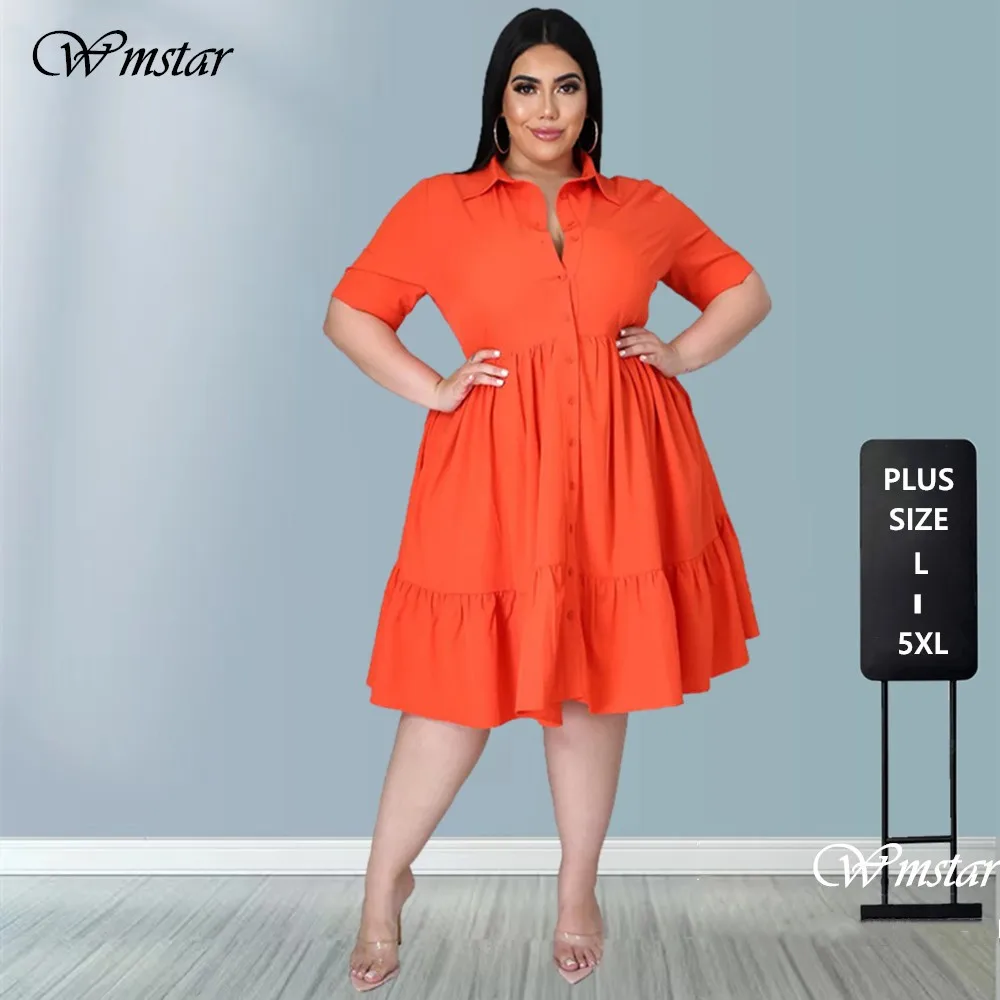 Escalofriante Fuera Surgir Vestidos de talla grande para mujer, ropa informal con botones sólidos,  cuello vuelto, hasta la rodilla, camisa con volantes, triangulación de  envíos, novedad de verano - AliExpress Ropa de mujer