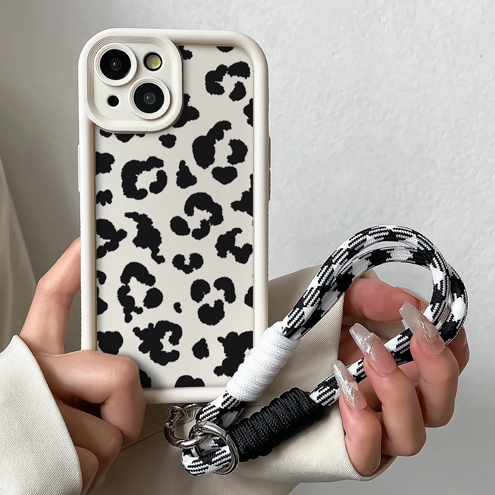 Leopard Print Shockproof Wrist Strap Phone Case with Chain Lanyard