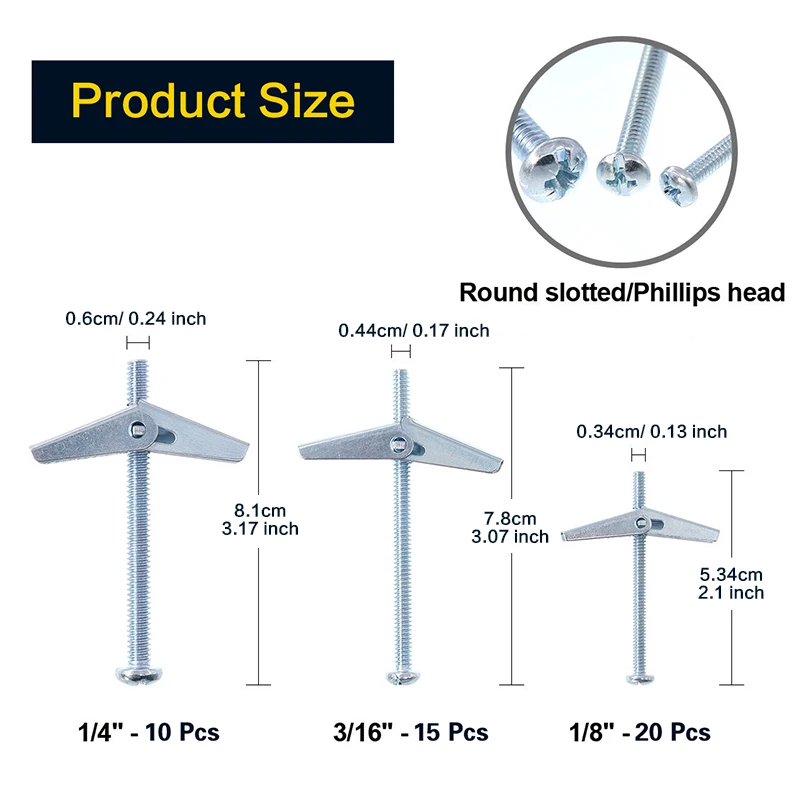 Heavy Duty Hollow Wall Anchors For Drywall Ceiling Toggle Bolts Wing Nut Kit 3 Sizes Butterfly Anchors 1/8,3/16,1/4in