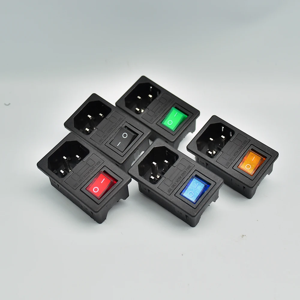 Power Socket 10A Fuse Red Rocker Switch Fused IEC320 C14 Inlet Fuse Switch Connector Plug Connector Red Green Blue Yellow