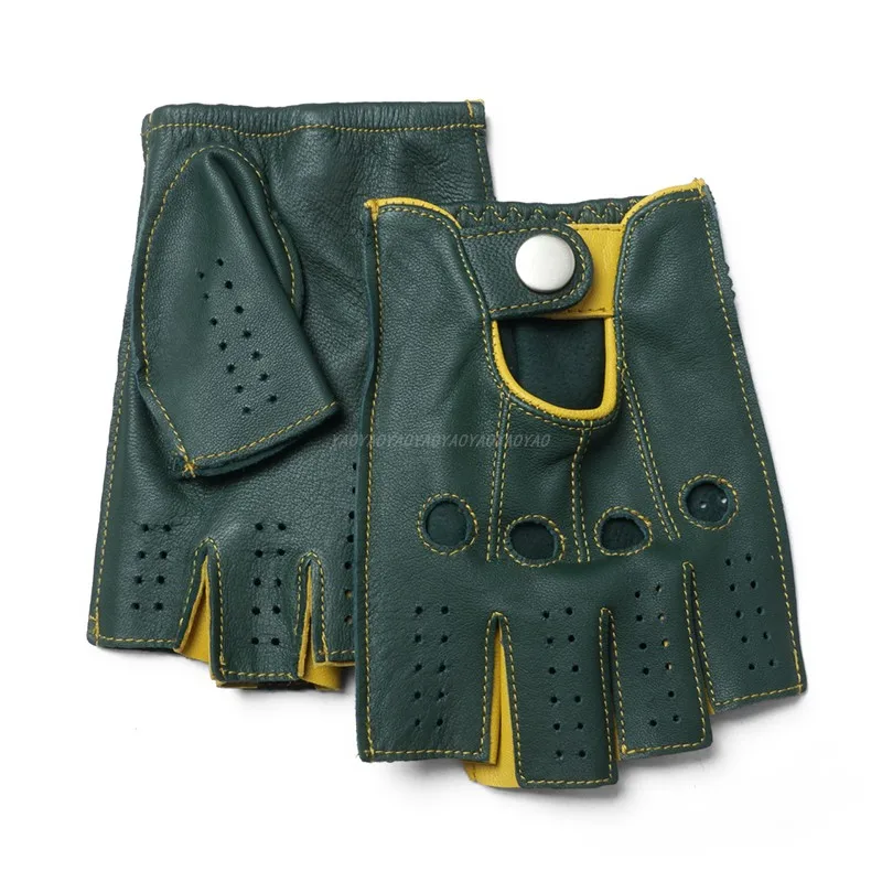 High Quality 2026 New Half Fainger Men Genuine Leather Gloves Goatskin Gloves Male Dark Green BiColor Breathable Driving Mittens