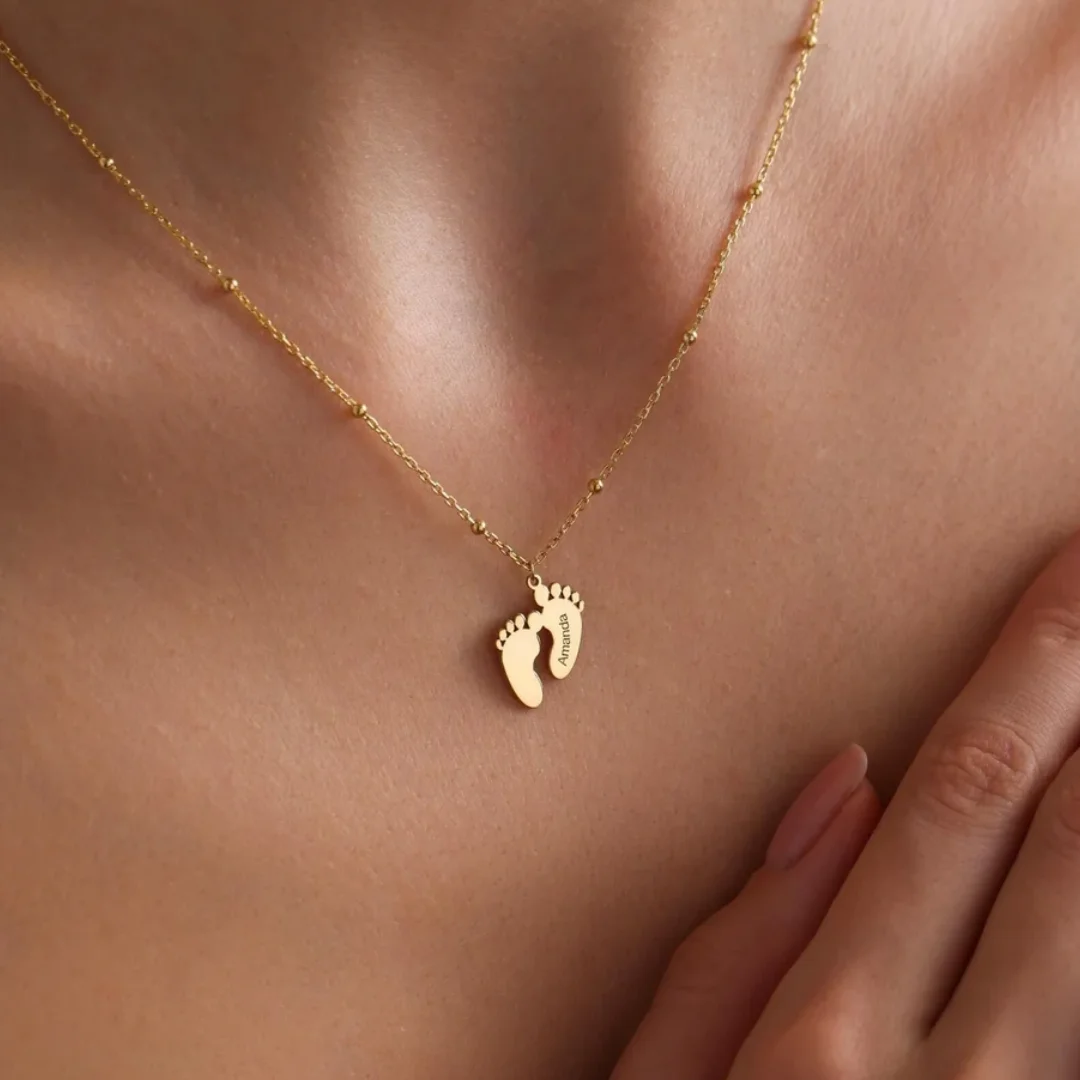 Custom Engraved Name Date Baby Feet Pendant Necklace Cute