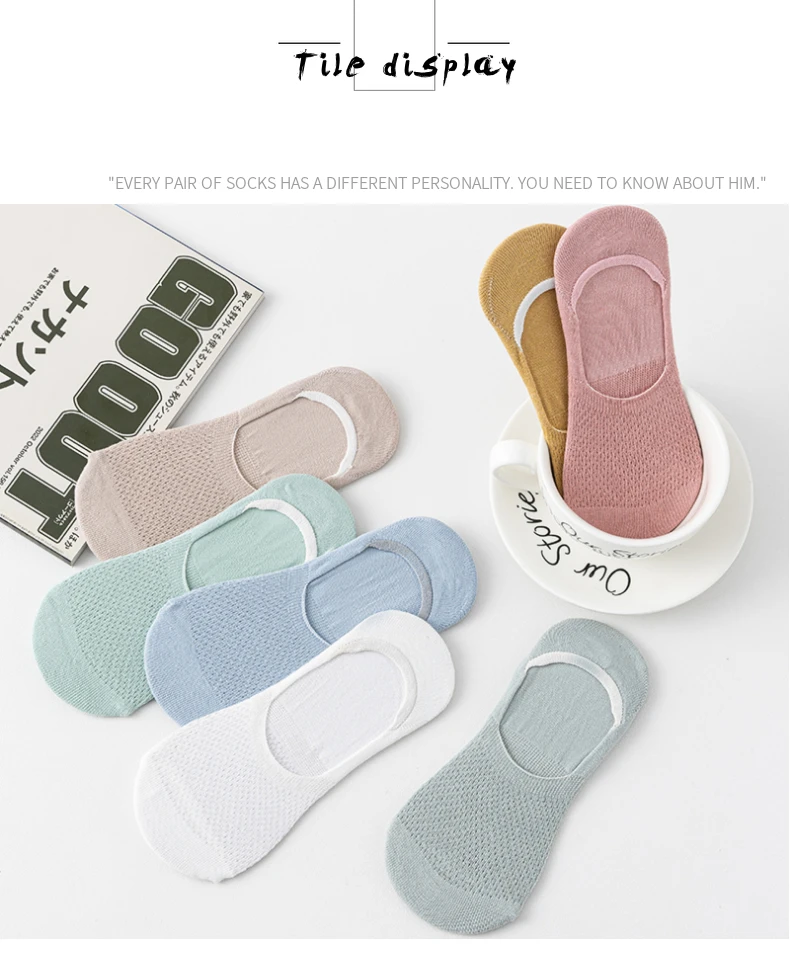 Womens Breathable Mesh Boat Socks - 5 Pairs Invisible Low Cut Anti-Slip Summer Socks