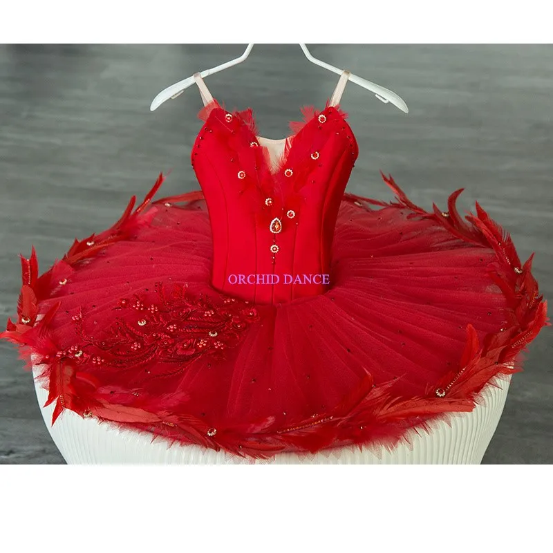 

High Quality Custom Size 12 Layers Ballet Dance Performance Competition Wear Kids Girls Red Professional Tutu With Feathers