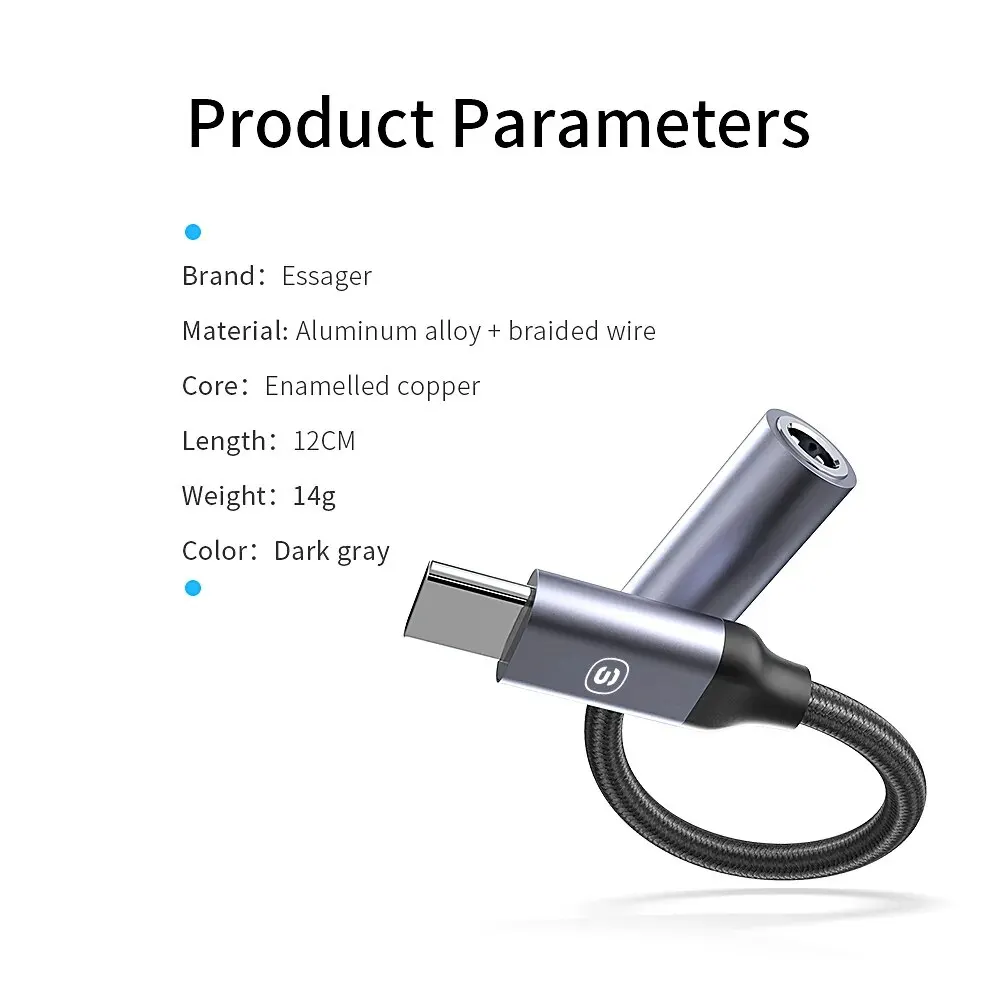Essager USB Type C 3.5 Jack Earphone Adapter USB C to 3.5mm Headphones AUX Audio Adapter Cable For Huawei P30 Xiaomi Mi 10 9 Es — view 6