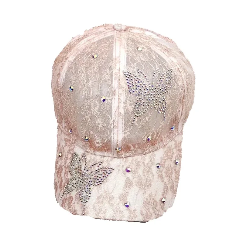 

Buttferfly Rhinestone Studded Baseball Cap for Women Cute Thin Mesh Cool Summer Casquette Cap Lace Flower Street Girls Visors