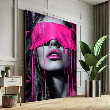 Quadro su Tela con Gocce di Vernice Rosa Intenso, Arte Contemporanea con Ritratto Femminile, Poster e Stampe su Tela per Soggiorno e Arredamento Casa