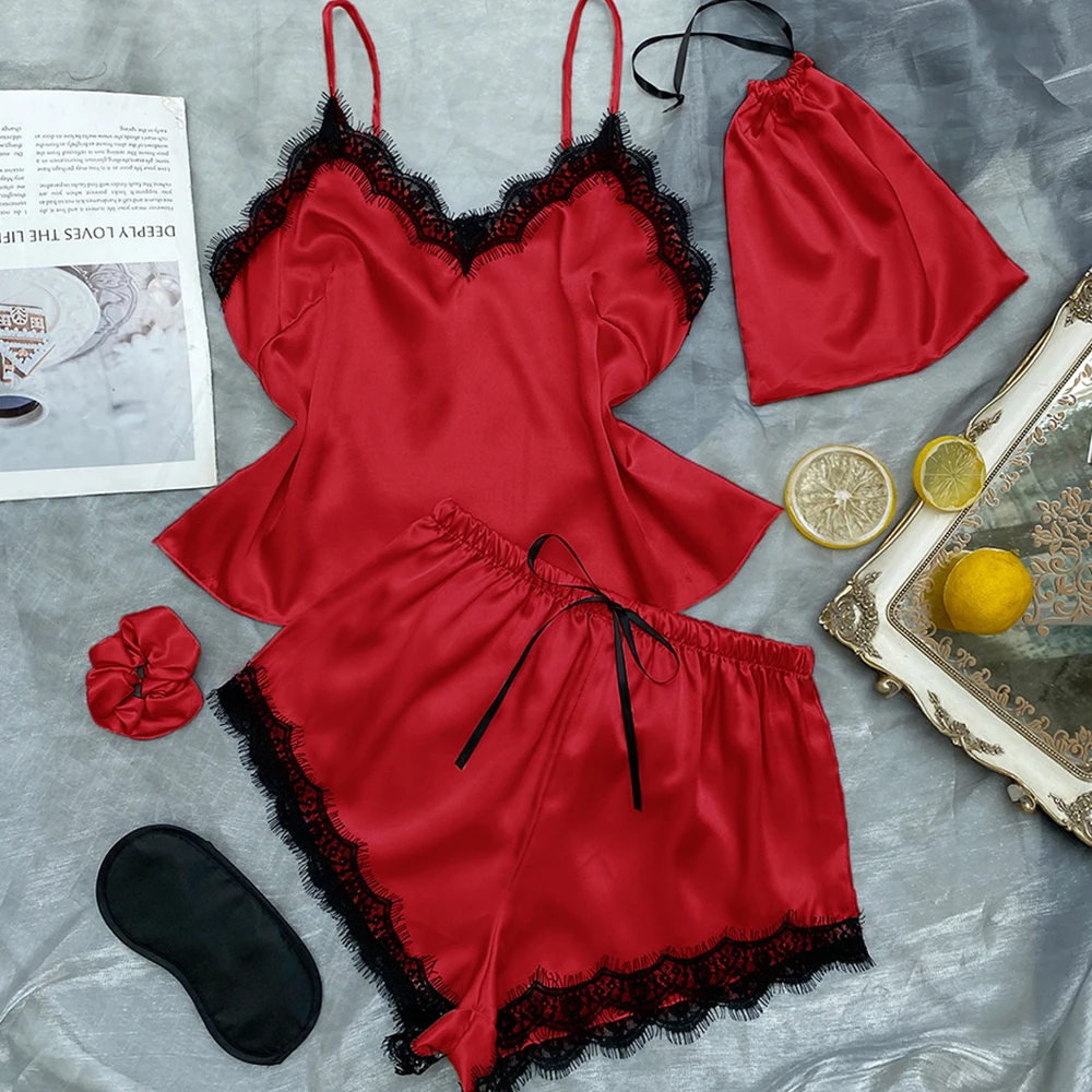 Sexy Sling Tops with Shorts Imitation Silk Pajama Sets Women Casual Solid Color Homewear Sleepwear+eyemask+Hair Tie+Storage Bag