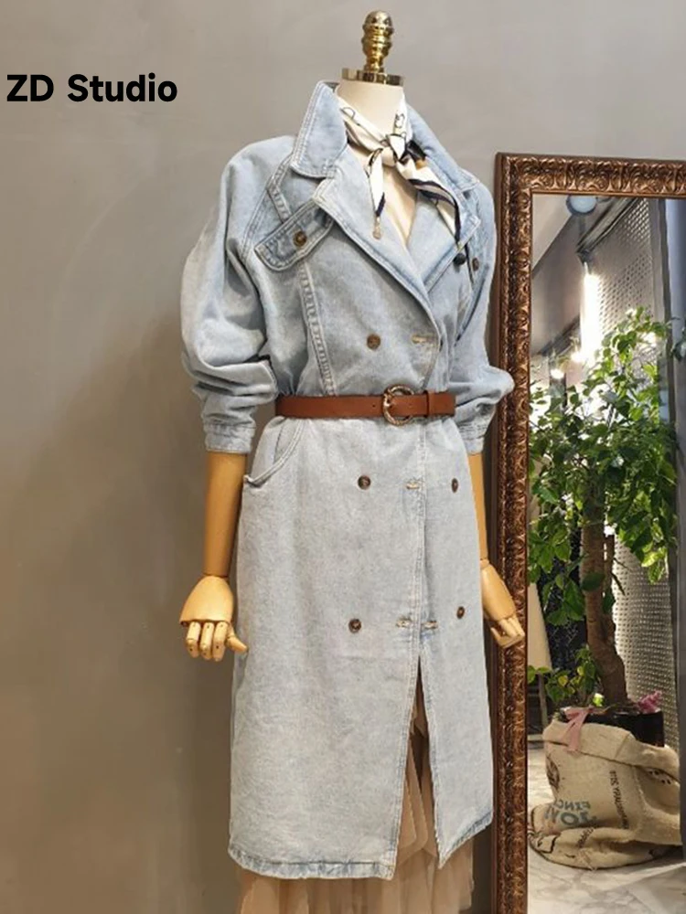 

[ZD Studio] Fashionable Double Breasted Light Blue Denim Dress 2023 Spring Lace Up Waist Women's Straight Over Long Dress Coat