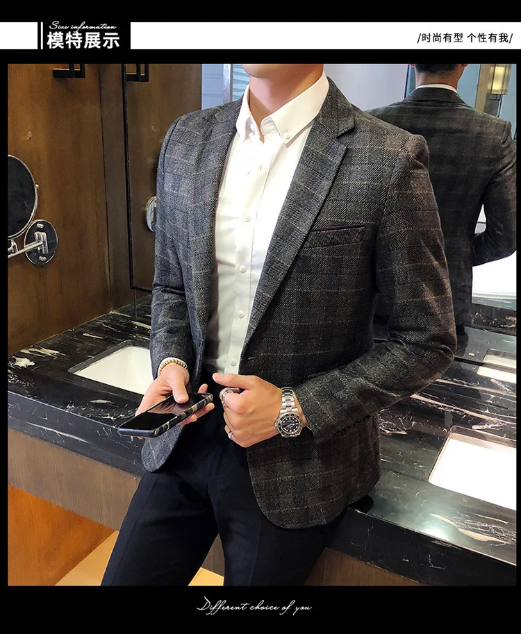 Plaid Vintage Blazer British Stylish Male Blazer Suit Jacket Business Casual One Button Blazer For Men Regular Abrigo Hombre blazer for men wedding