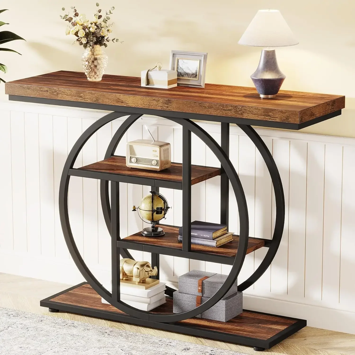New2025-41.3" Console Table, Industrial 4-Tier Sofa Table Entryway Table with Circle Base
