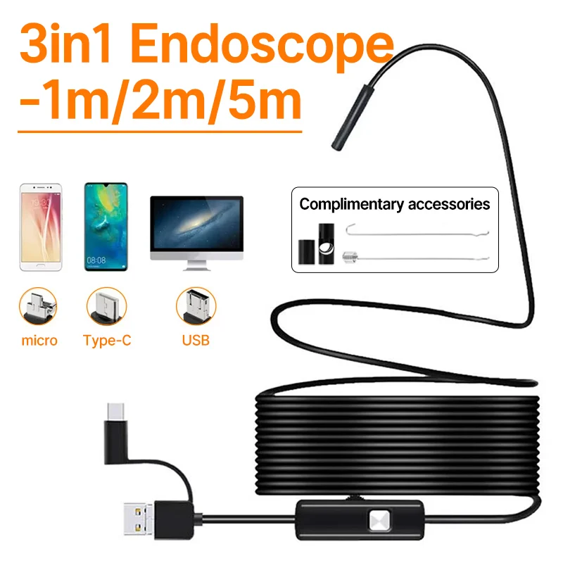 5.5MM Android Endoscope Camera 3 IN1 Micro USB Type C Borescope Mini Camera Waterproof LED Car Inspection For Android PC 1