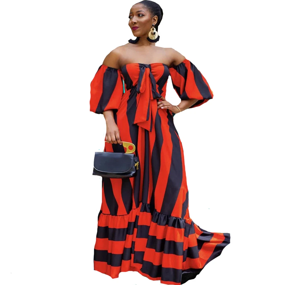 African Maxi Dress Women Strapless Puff Sleeve Ruffle Splice Robe Summer New Striped Print Sexy Beach Holiday Long African Dress