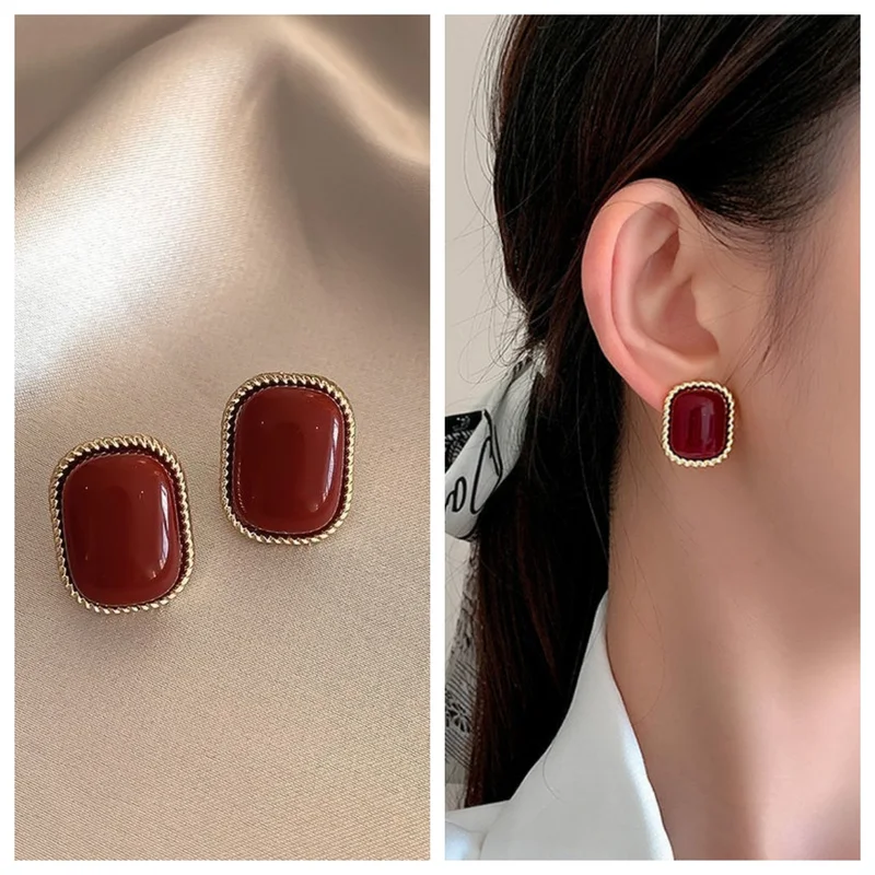 Vintage Burgundy Enamel Square Stud Earrings for Women Gold Color Metal Imitation Pearl Flower Earring Party Jewelry