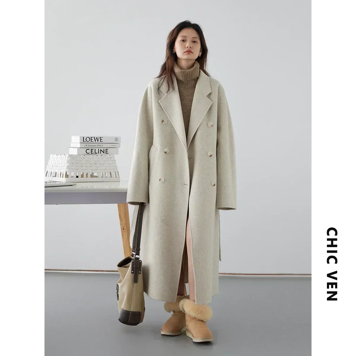 CHIC VEN Women Long Double-sided Woolen Coats Retro Loose Female Overcoat Double Breasted Ladies Windbreak Autumn Winter 2023 6