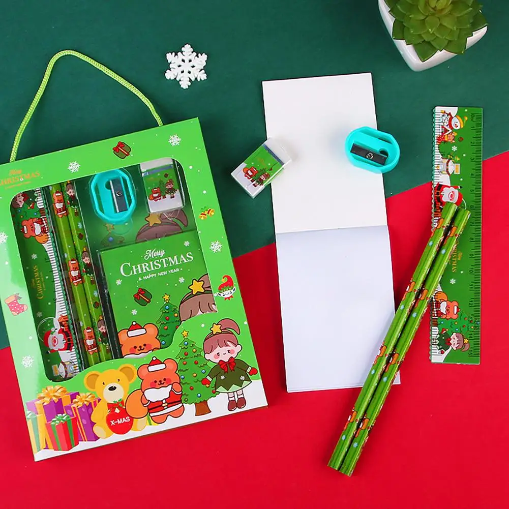 Christmas Stationery Set Cartoon Xmas Pattern Pencil Sharpener Erasers Pencils Kawaii School Supplies Family Gift Stationery Set