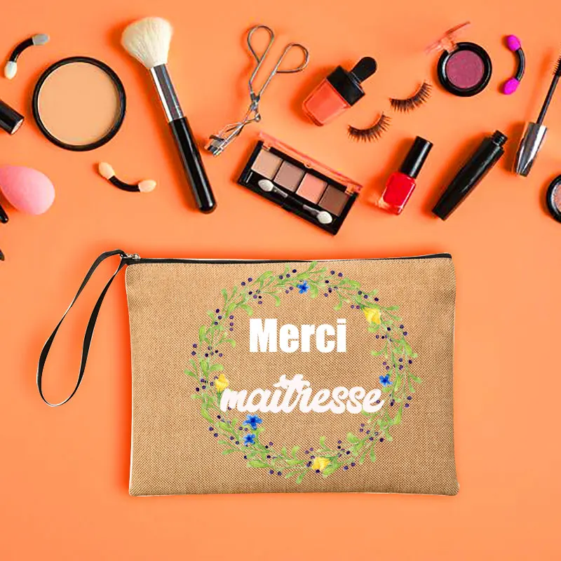 

Thanks Teacher French Print Linen Storage Bags Travel Wash Pouch Large Pencil Case Teacher Gift School Stationery Supplies