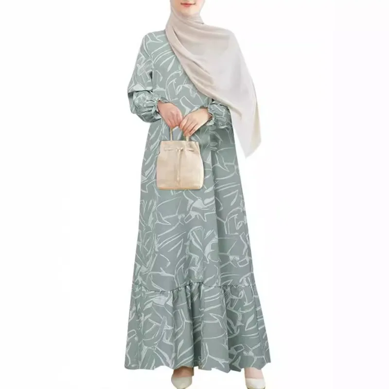 2024 Muslim Women Dress Middle East Fashion Robe Long Sleeve Geometric Print Flounce Abaya 5