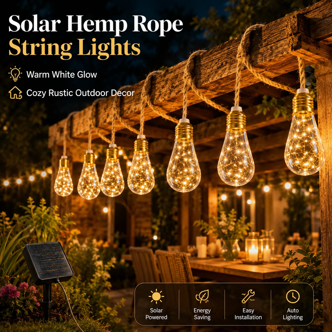 Solar Hemp Rope Edison String Lights 1