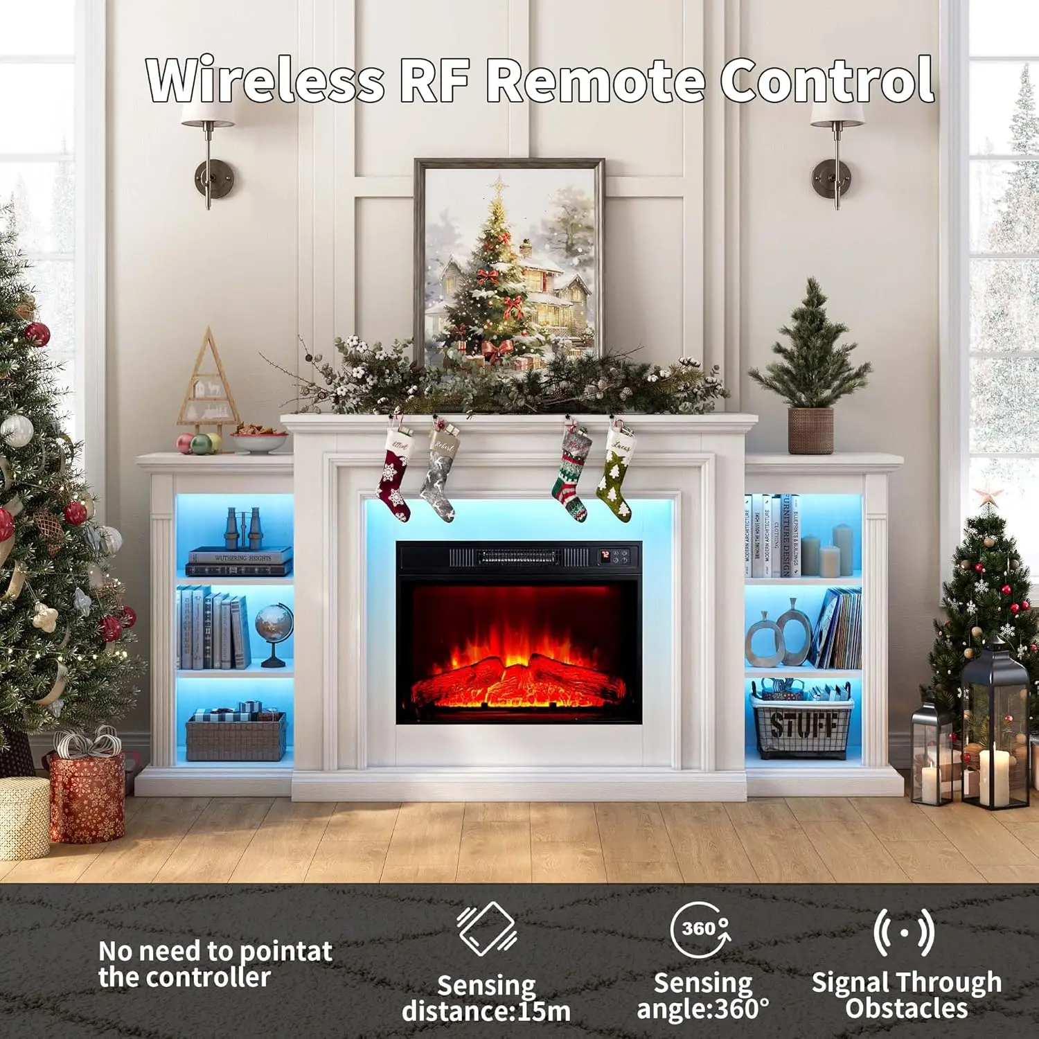 72" LED Lights Electric Fireplace with Mantel, Delicate Three-Dimensional Molding with Remote Control for Living Room 5