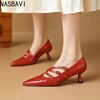 NASBAVI Women's New Spring Genuine Leather Sheepskin Pointed Three Row Buckle High Heel Large Mary Jane Work Single Shoes 34-46 3