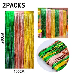 Rainbow Foil Fringe Curtains - Tinsel Metallic Streamers for Vibrant Party Decorations, Set of 2 (Green rose gold)