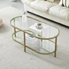 Living Room Glass Coffee Table, Golden Coffee Table, Modern Minimal 2-Tier Center Table with Metal Frame for Small Space 1