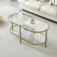 Living Room Glass Coffee Table, Golden Coffee Table, Modern Minimal 2-Tier Center Table with Metal Frame for Small Space 1