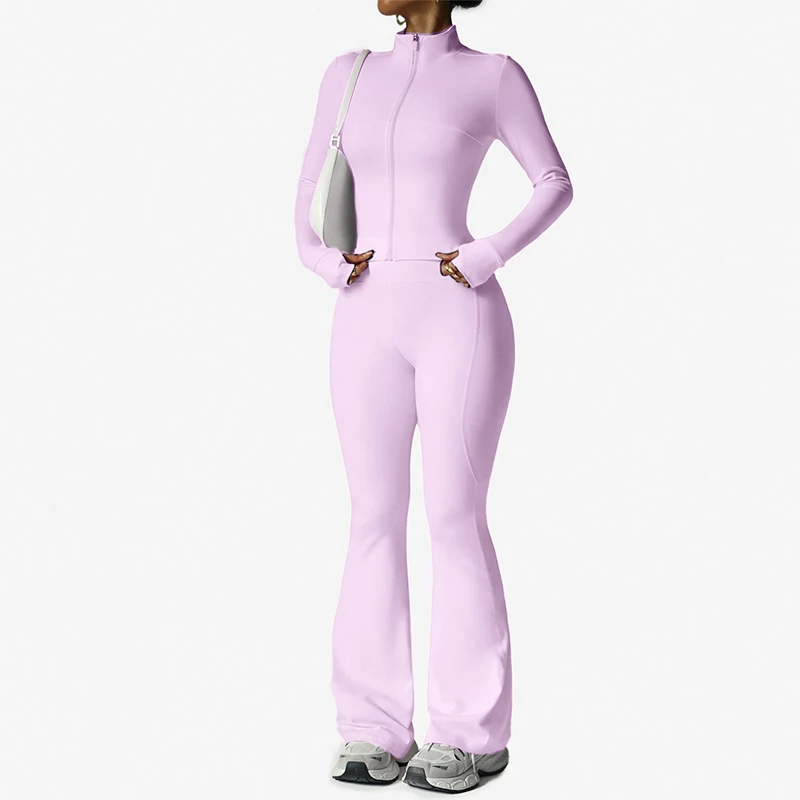 Frühling 2-teiliges Yoga-Set für Damen, Outdoor-Lauf- und Radfahrbekleidung, Freizeitkleidung, Einfarbige Reißverschlussjacke, Schlaghose, Trainingsanzug – Detail 8