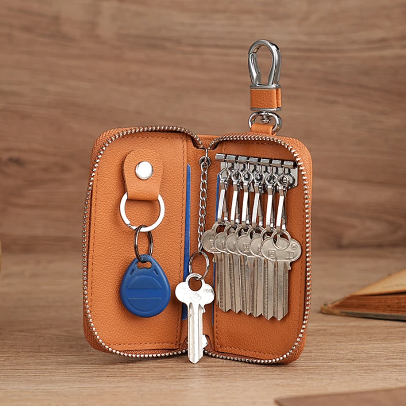 

Inside and outside cowhide car key bag genuine leather household key protection leather case card key bag with bank card slots