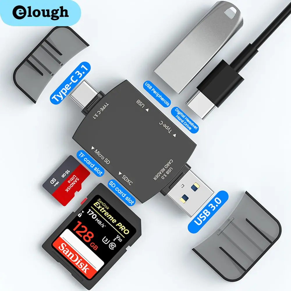 

Elough 6 в 1 USB3.0 Читатель карт Двойной высокоскоростной SD TF Читатель карт Мобильный телефон Планшетный компьютер C3.1