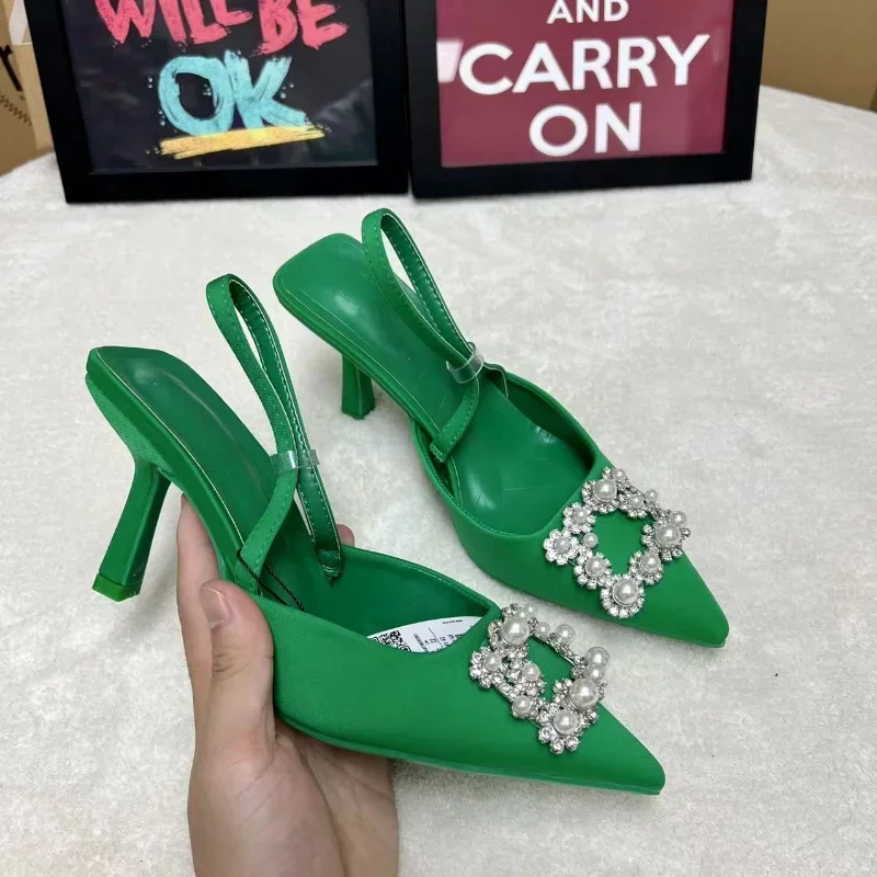

Pearl Buckle Women high heels shoes 2024 Summer New Fashion Mules Pointed Brand Designer Wedding Dress sandals for female